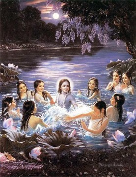 Radha Krishna and girls in pond Hindoo Oil Paintings